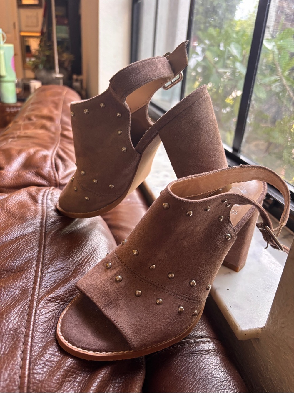 G by Guess Brown Suede Studded Open-Toe Block Heel Sandals